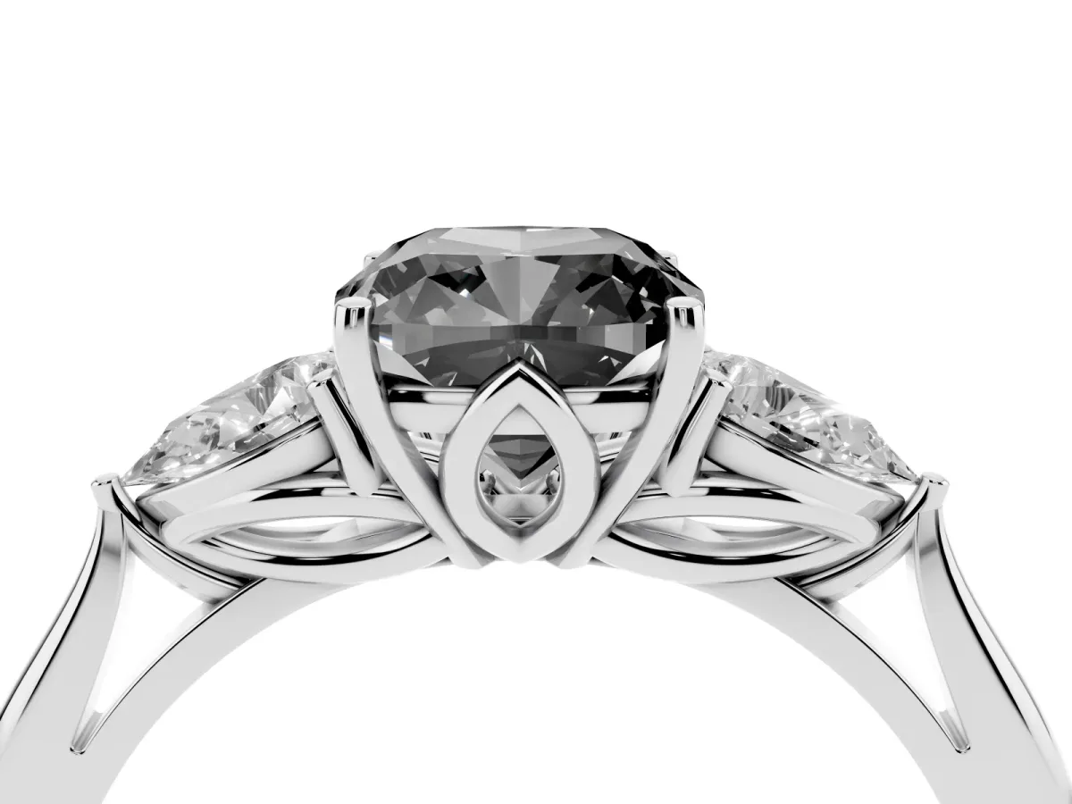Fancy Black Cushion Cut Diamond Three-Stone Ring with Pear Side Stones and Prong Setting Silver