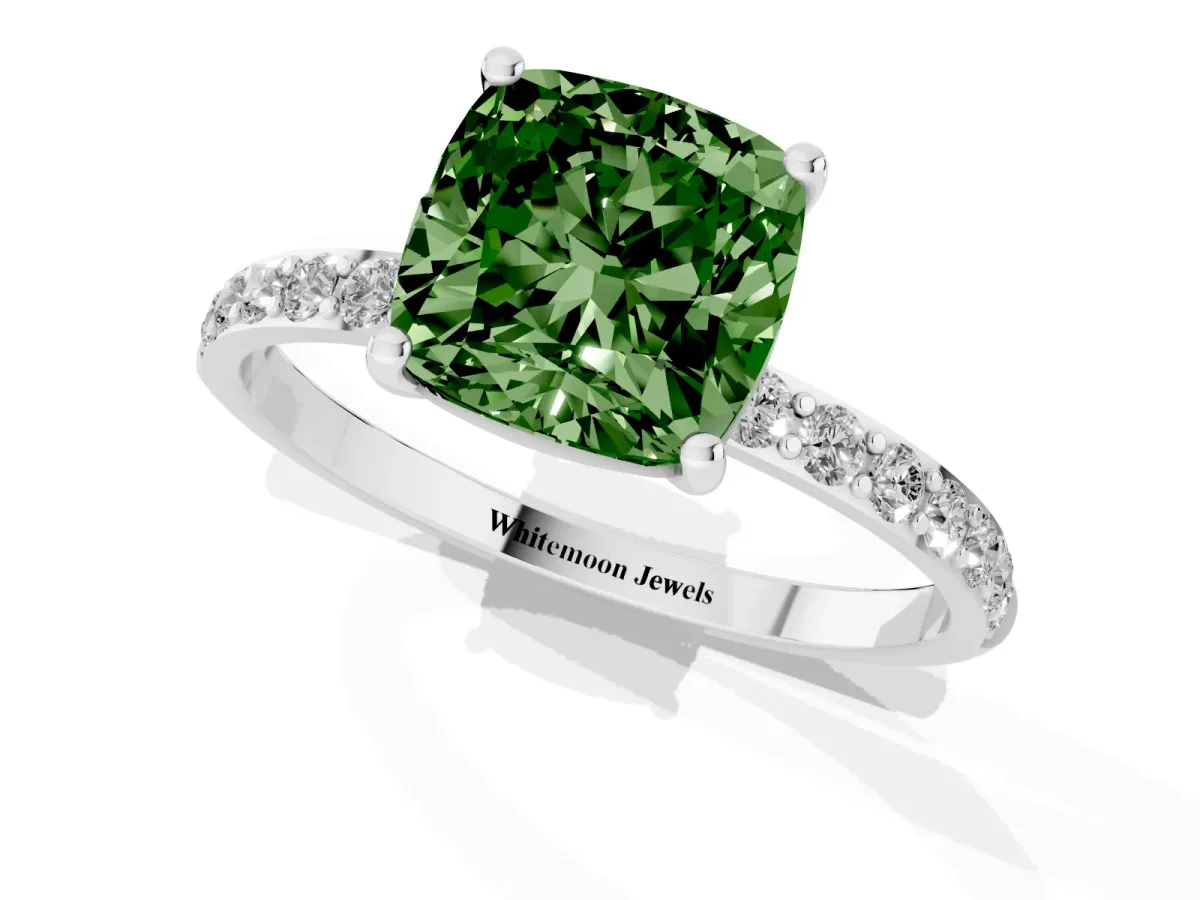 Fancy Green Cushion Cut Diamond Solitaire Ring with Round Pavé Shoulders and Prong Setting Silver