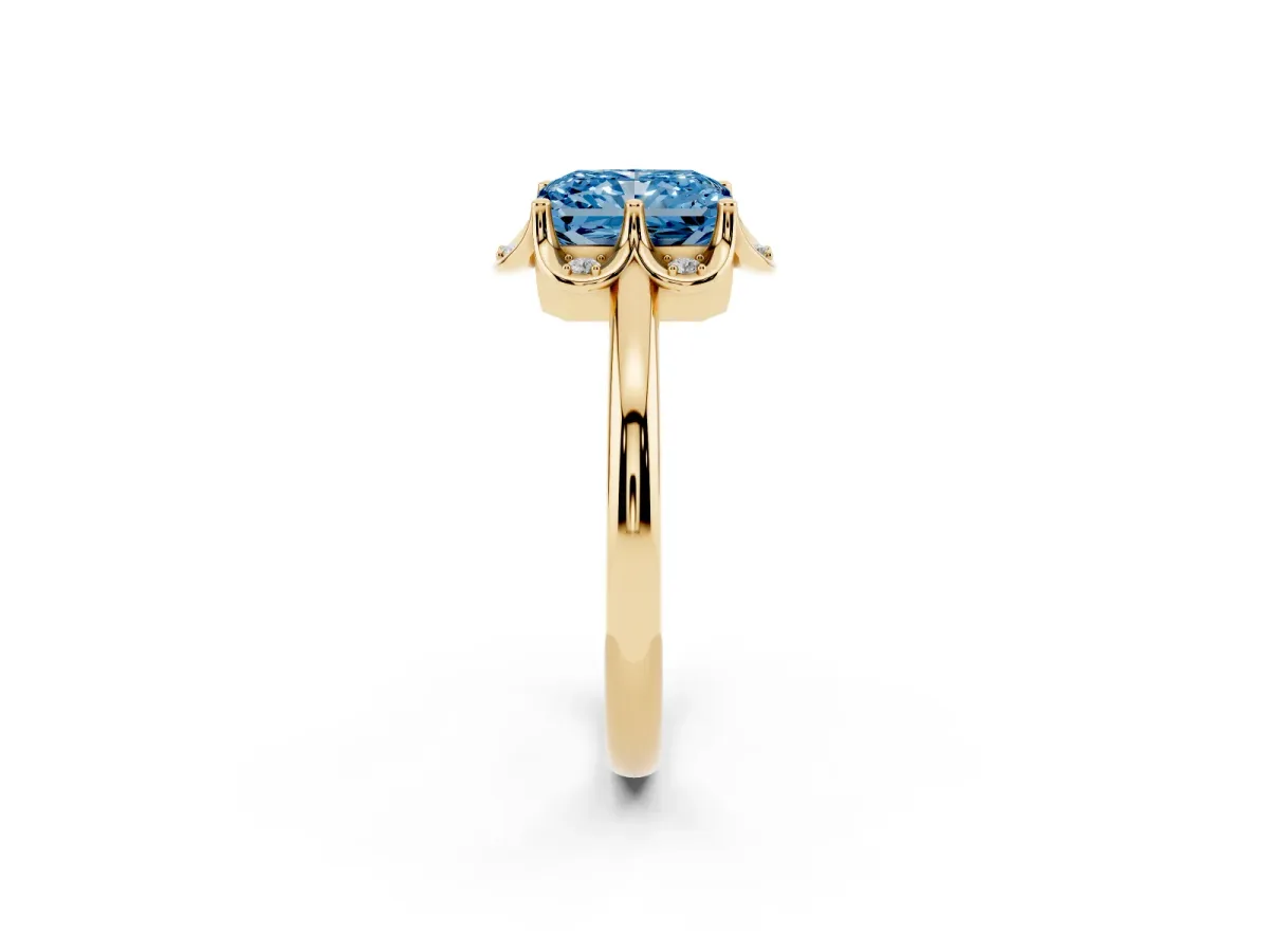 Fancy Blue Radiant Cut Halo Diamond Ring with Round Cluster Setting, Solitaire Band, and Four-Prong Setting Yellow gold