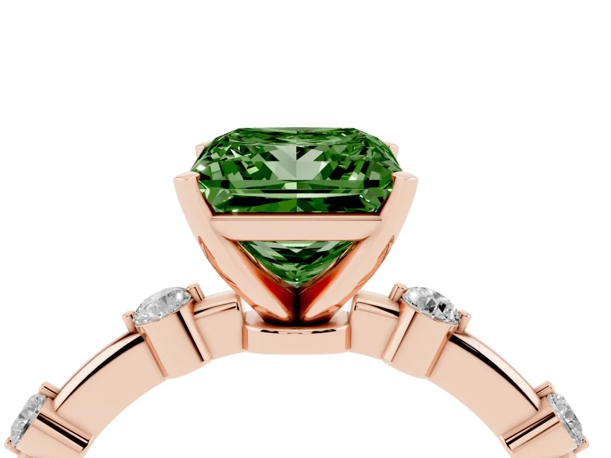 Fancy Green Princess Cut Solitaire Diamond Ring with Bezel Set Side Stones and Prong Setting Rose gold