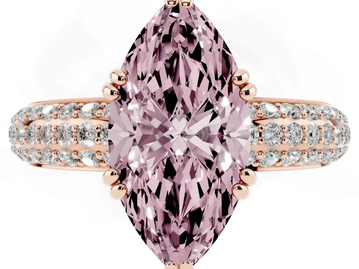 Fancy Pink Marquise Cut Diamond Solitaire Ring with Multi-Row Round Pavé Band and Prong Setting Rose gold