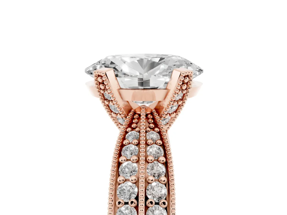 Oval Cut Diamond Solitaire Ring with Milgrain Round Pavé Band and Prong Setting Rose gold