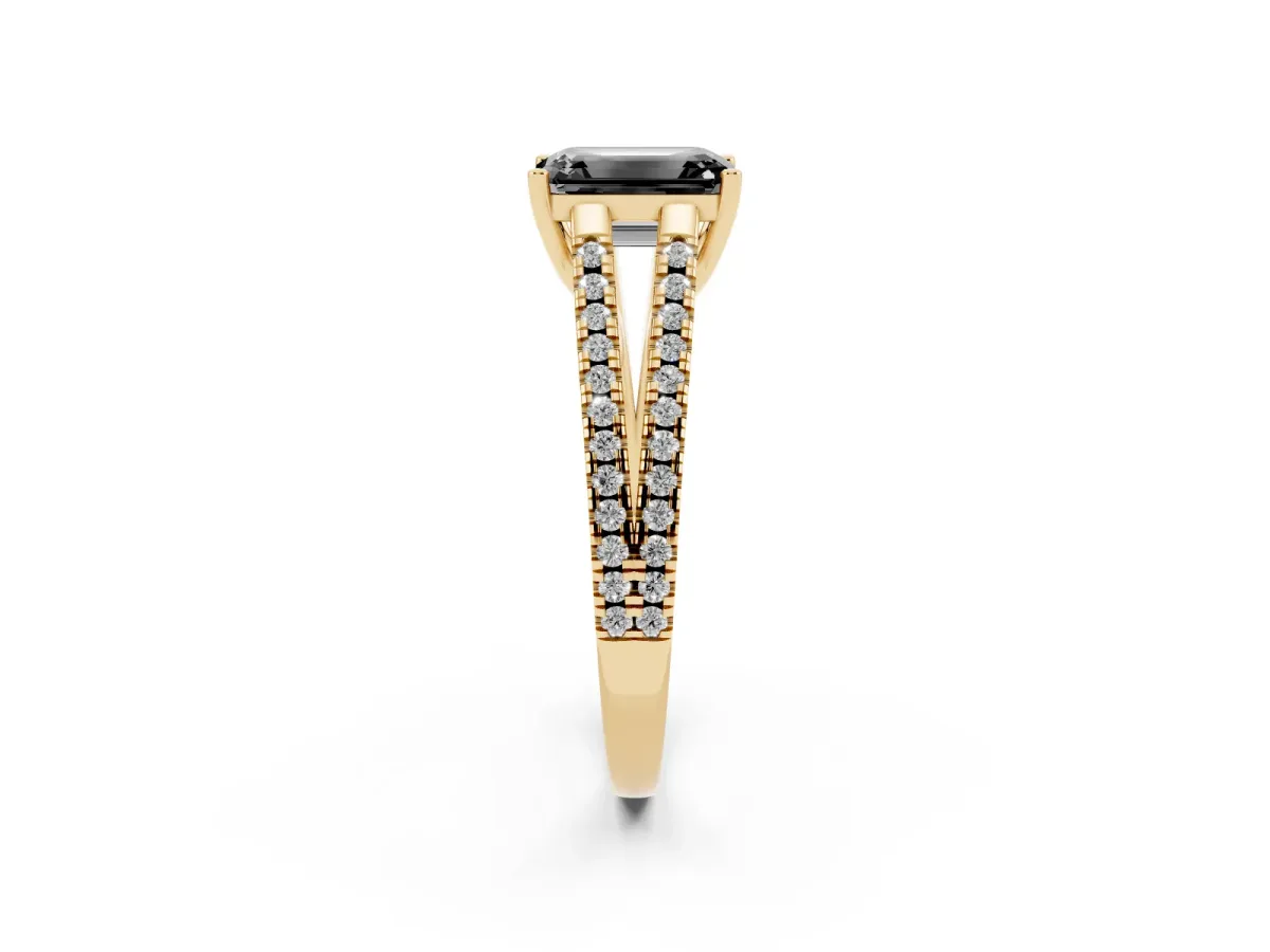 Fancy Black Emerald Cut Diamond Solitaire Engagement Ring with Split Shank Pavé Band Yellow gold