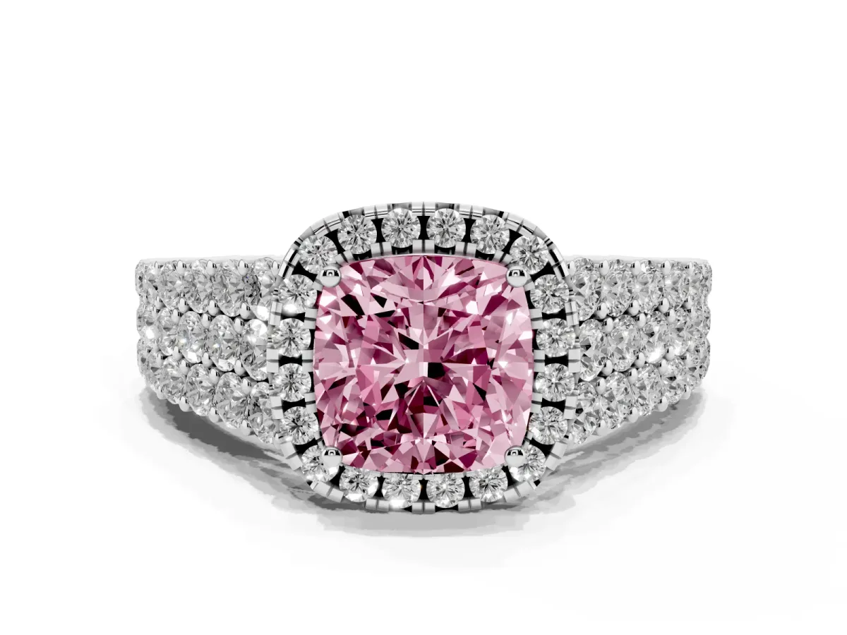 Fancy Pink Cushion Cut Diamond Halo Engagement Ring with Triple Row Round Pavé Band and Prong Setting Platinum