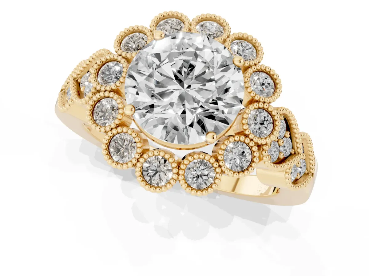 Round Cut Brilliant Milgrain Pave Heart Band Solitaire Ring Yellow gold
