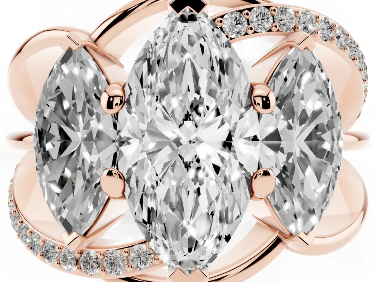 Three-Stone Marquise Cut Cut Diamond Split Shank Prong Set Ring Rose gold