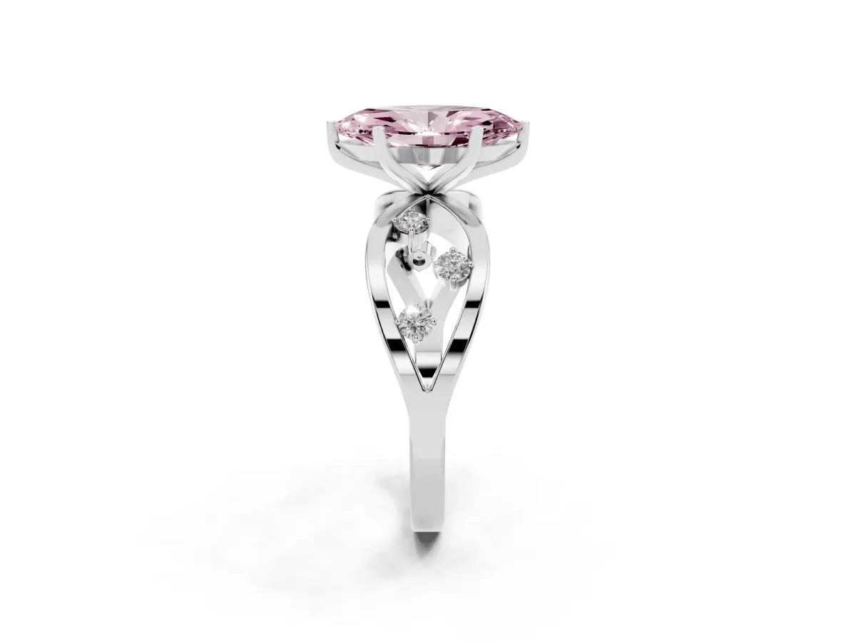 Fancy Pink Marquise Cut Cut Solitaire Diamond with Side Stones on Criss-Cross Band and Four-Prong Setting Platinum
