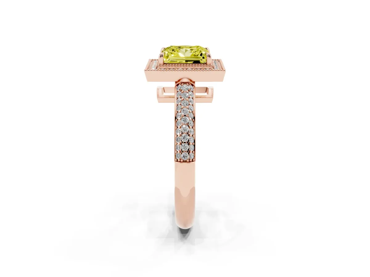 Fancy Yellow Princess Cut Cut Halo Diamond Pave Band with Four-Prong Setting Rose gold