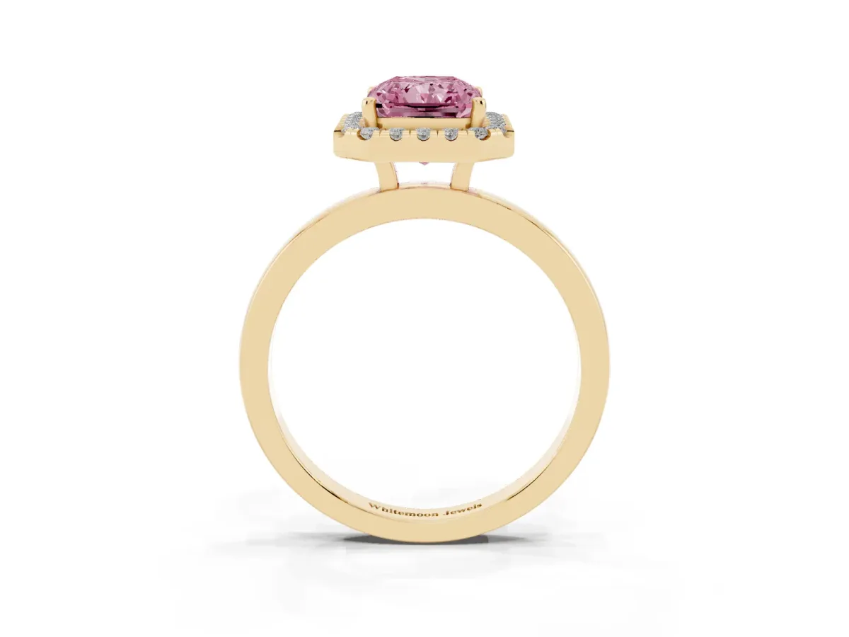 Fancy Pink Radiant Cut Halo Diamond Solitaire with Pavé Band and Four-Prong Setting Yellow gold