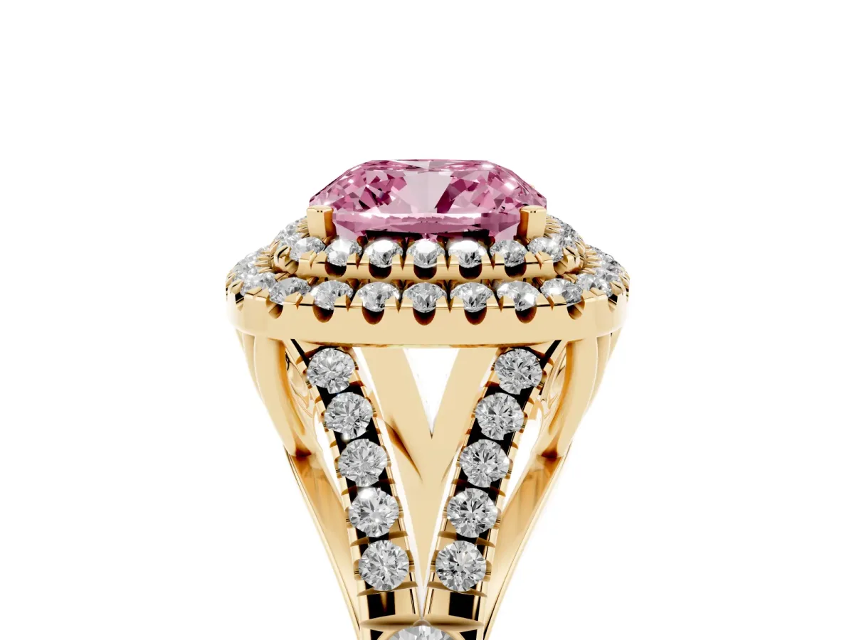 Fancy Pink Cushion Cut Diamond Pavé Split Shank Double Halo Engagement Ring Yellow gold