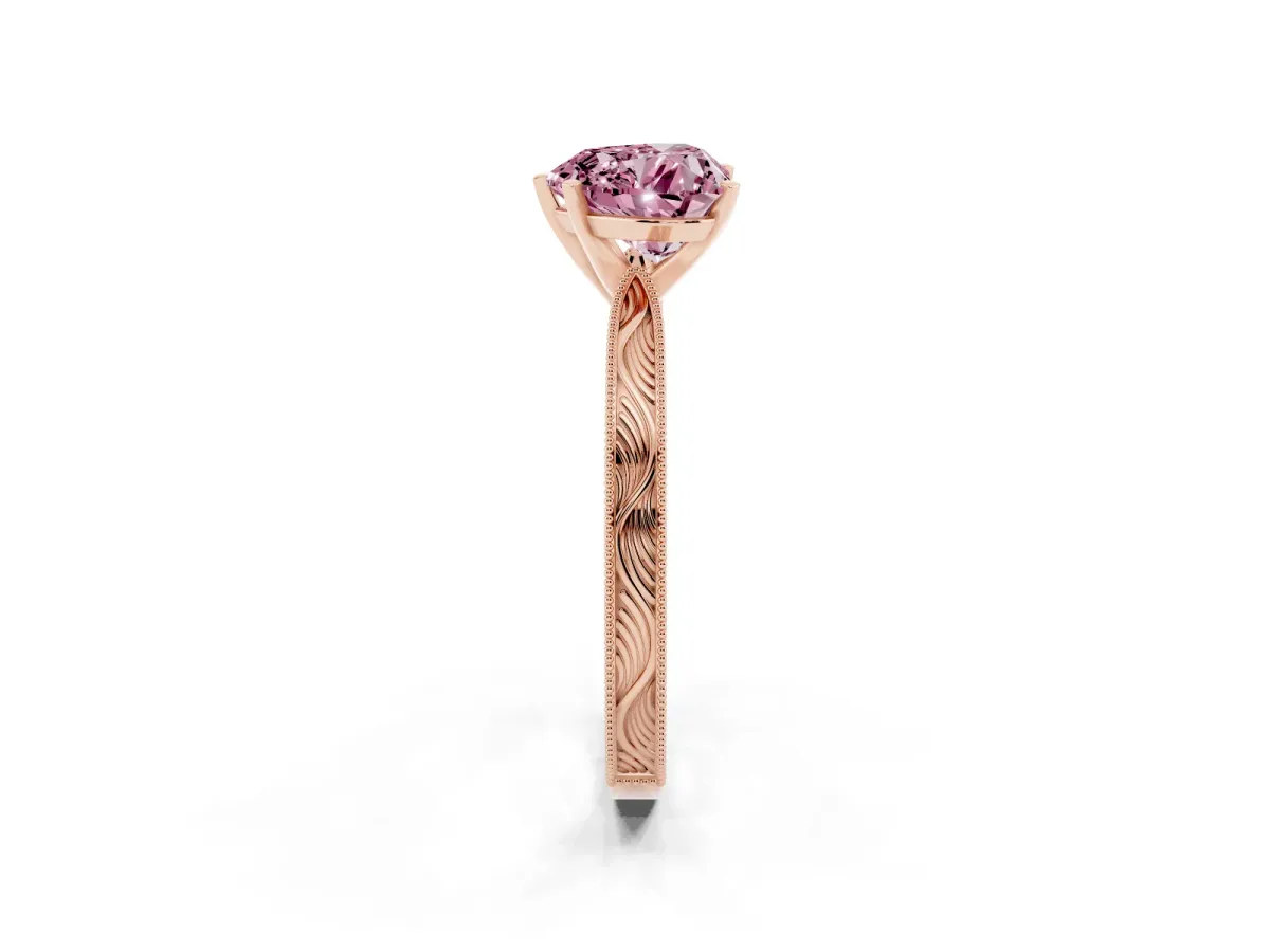 Fancy Pink Heart Cut Solitaire Milgrain Engraved Band with Four-Prong Setting Rose gold