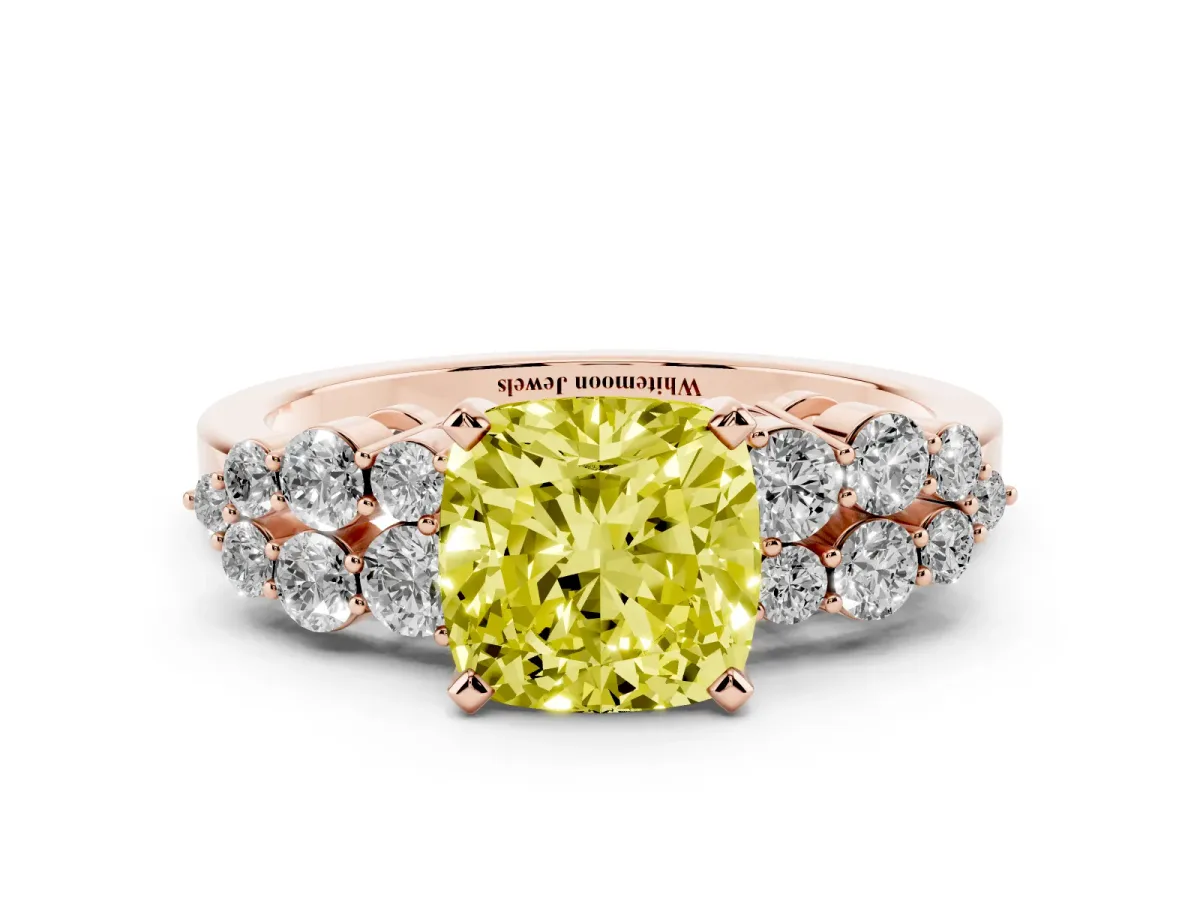 Fancy Yellow Cushion Cut Cluster Diamond Engagement Ring with Pavé Band and Four-Prong Setting Rose gold