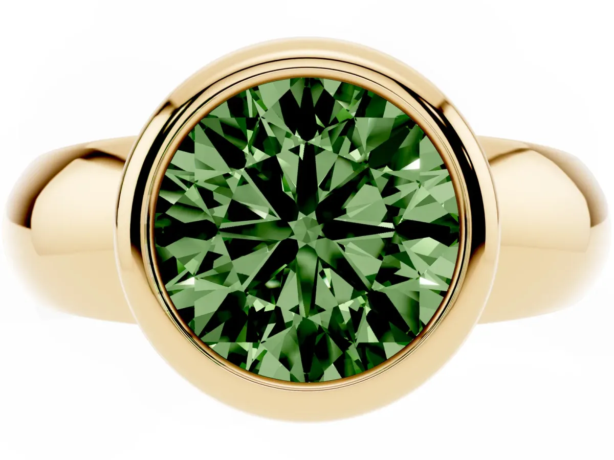 Fancy Green Bezel Set Round Cut Solitaire Ring with Wide Band Yellow gold