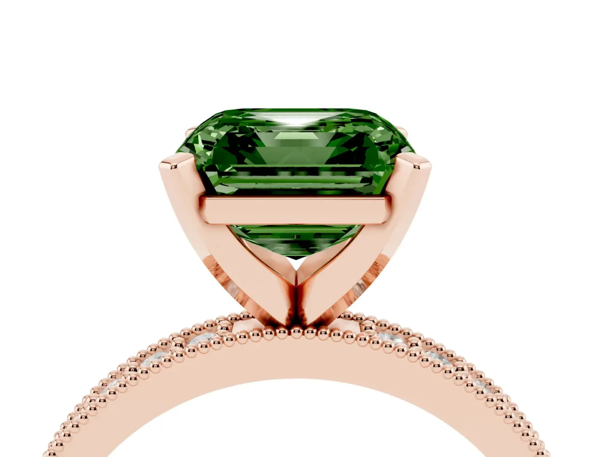 Fancy Green Asscher Cut Diamond Milgrain Pavé Engagement Ring with Four-Prong Setting Rose gold