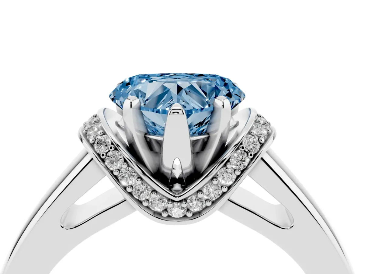 Fancy Blue Heart Cut Solitaire Diamond Ring with Pave Band and Six-Prong Setting Silver