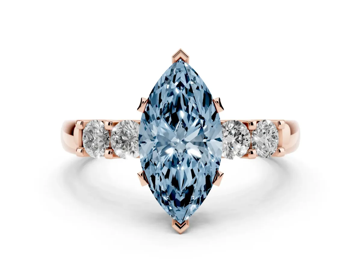 Fancy Blue Marquise Cut Brilliant Cut Diamond Five-Stone Prong Set Engagement Ring with Channel Band Rose gold
