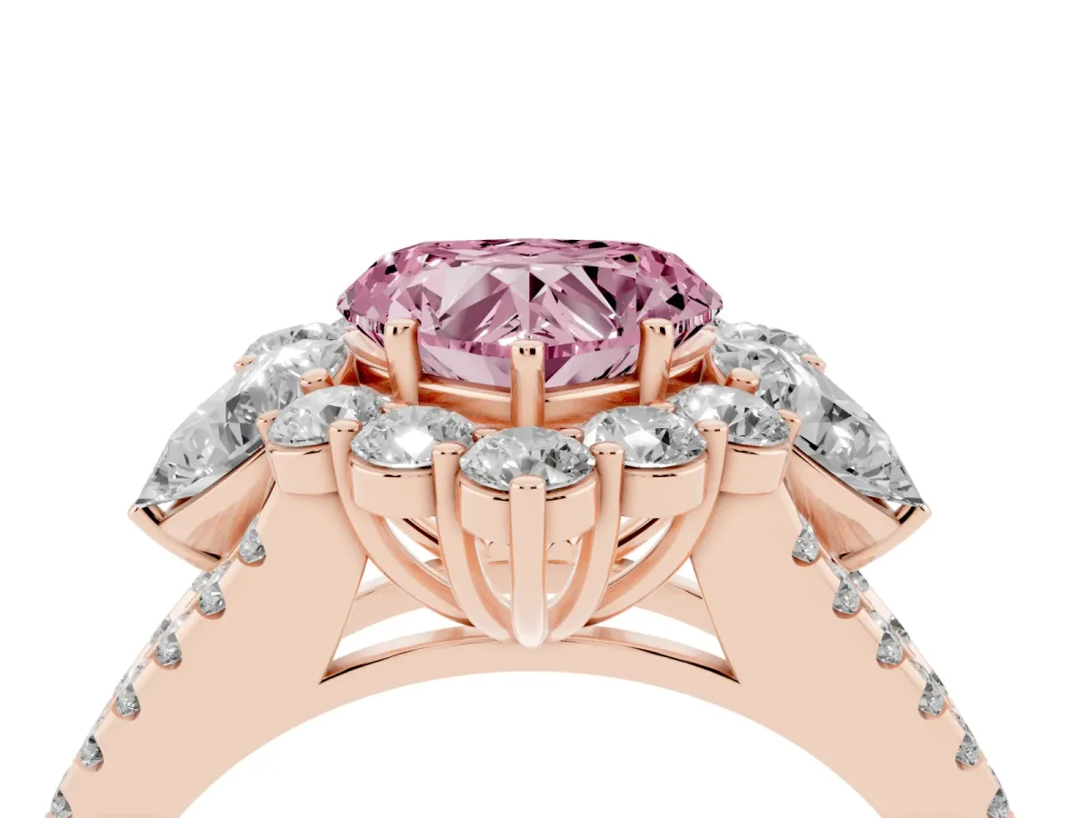 Fancy Pink Heart Cut Halo Split Shank Diamond Engagement Ring with Prong Setting Rose gold