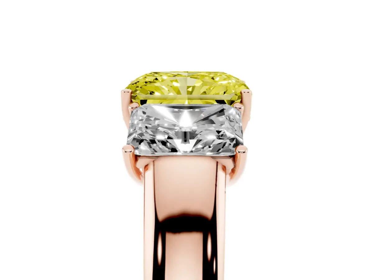 Fancy Yellow Three-Stone Radiant Cut Cut Diamond Ring with Prong Setting and Classic Band Rose gold