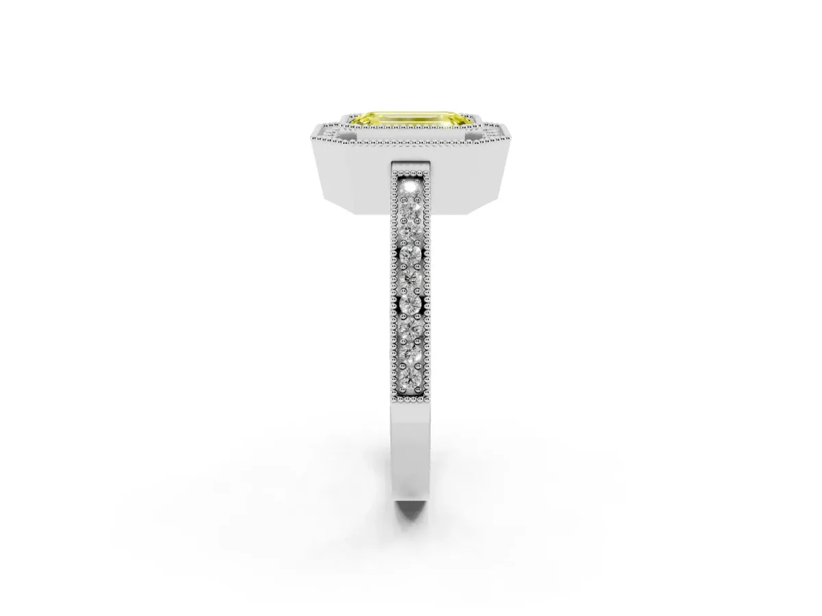 Fancy Yellow Emerald Cut Cut Halo Diamond Ring with Pavé Band and Milgrain Prong Setting White gold