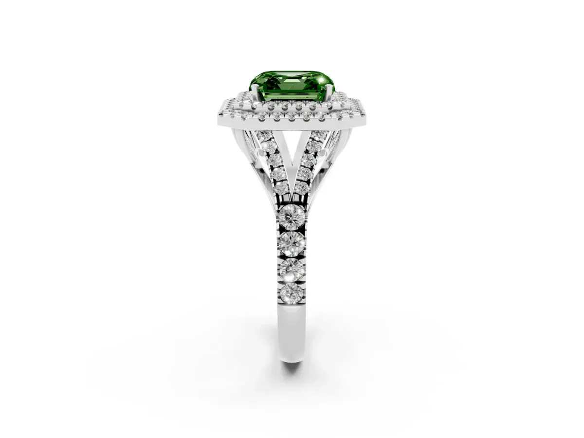 Fancy Green Asscher Cut Diamond Pavé Split Shank Double Halo Engagement Ring Platinum