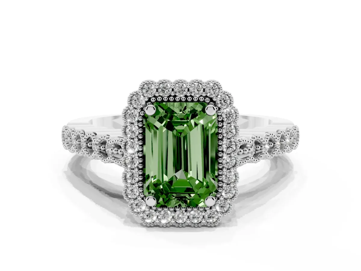 Fancy Green Emerald Cut Cut Halo Pavé Solitaire Ring with Milgrain Band Silver