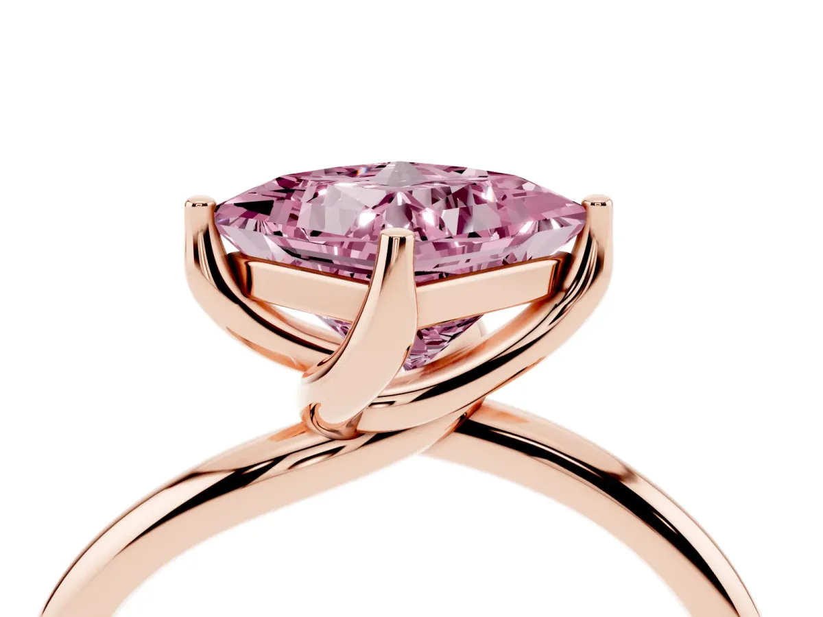 Fancy Pink Princess Cut Diamond Solitaire Engagement Ring with Four-Prong Setting and Classic Band Rose gold