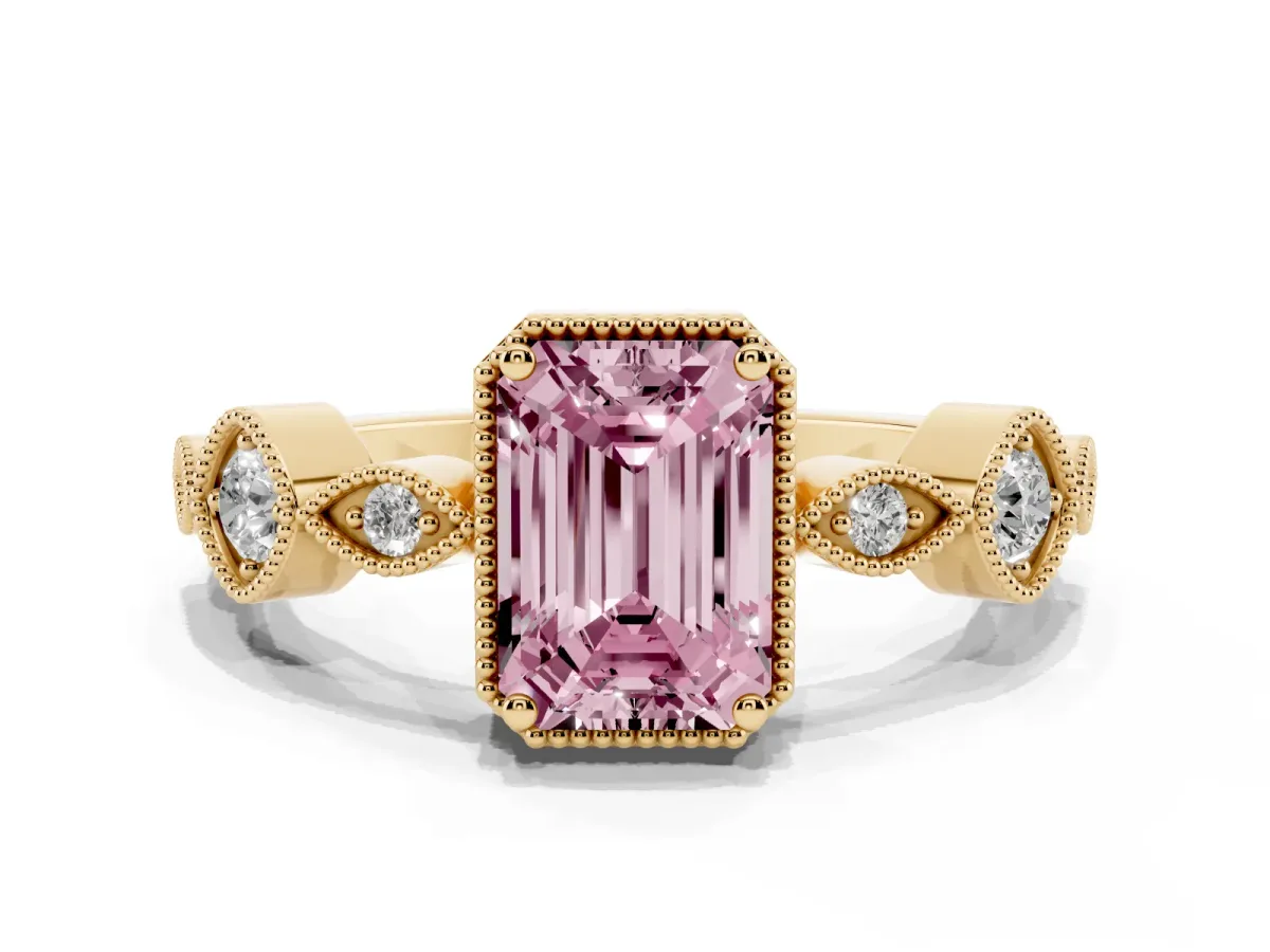 Fancy Pink Emerald Cut Diamond Vintage Milgrain Ring with Round Stations Yellow gold