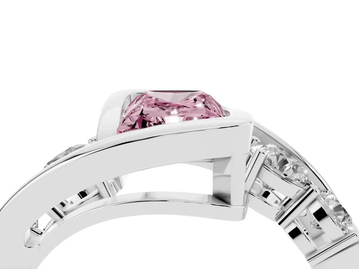 Fancy Pink Bezel Set Radiant Cut Diamond Bypass Ring with Round Accents Silver