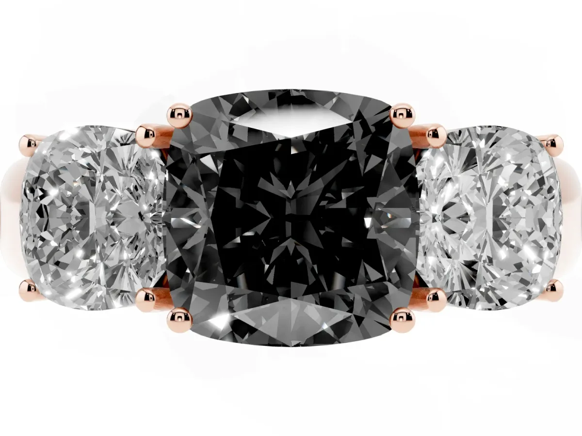 Fancy Black Three-Stone Cushion Cut Cut Diamond Ring with Prong Setting and Classic Band Rose gold