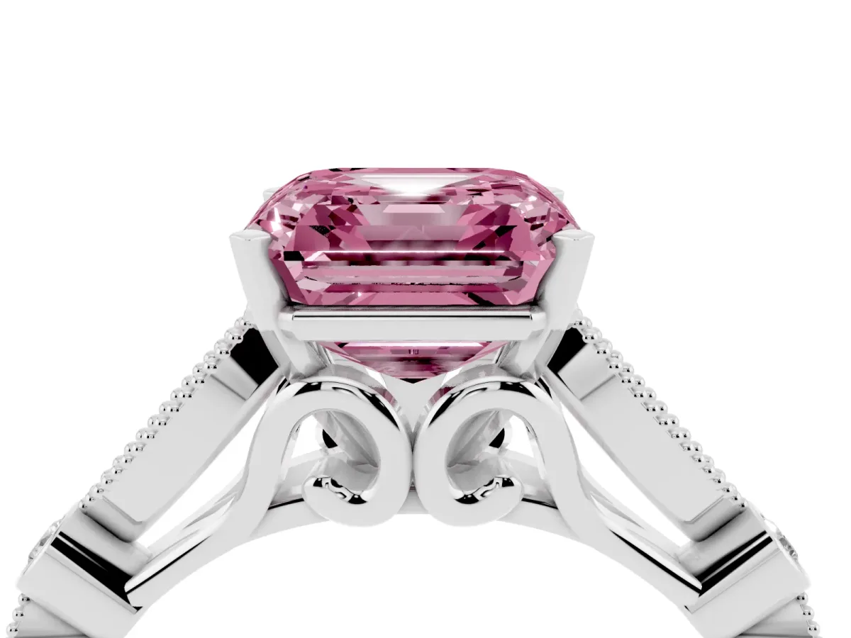 Fancy Pink Asscher Cut Cut Diamond with Milgrain Marquise and Bezel Accents on a Solitaire Band with Prong Setting Platinum