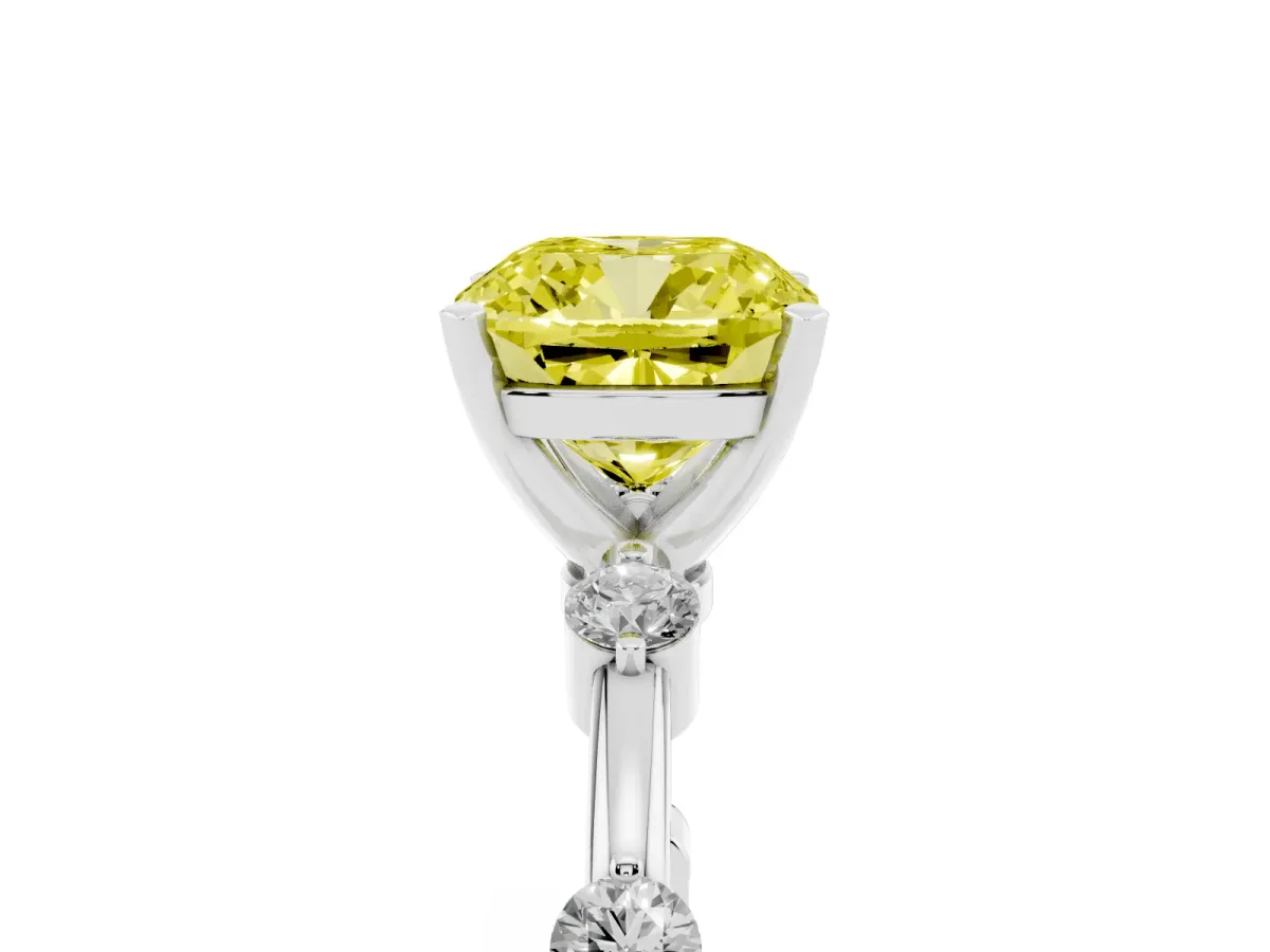 Fancy Yellow Cushion Cut Solitaire Diamond Ring with Bezel Set Side Stones and Prong Setting Silver