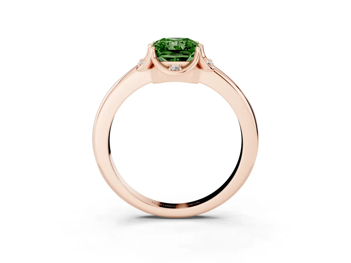 Fancy Green Radiant Cut Halo Diamond Ring with Round Cluster Setting, Solitaire Band, and Four-Prong Setting Rose gold