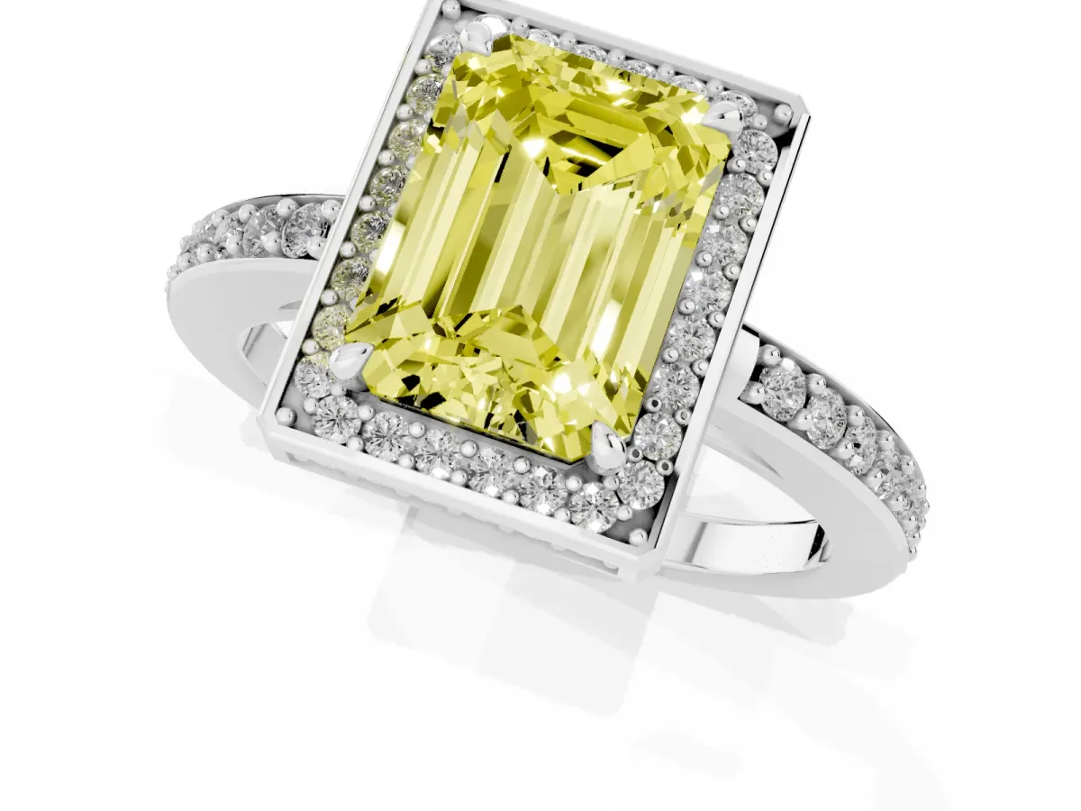 Fancy Yellow Emerald Cut Halo Pave Band Solitaire Ring with Prong Setting Silver