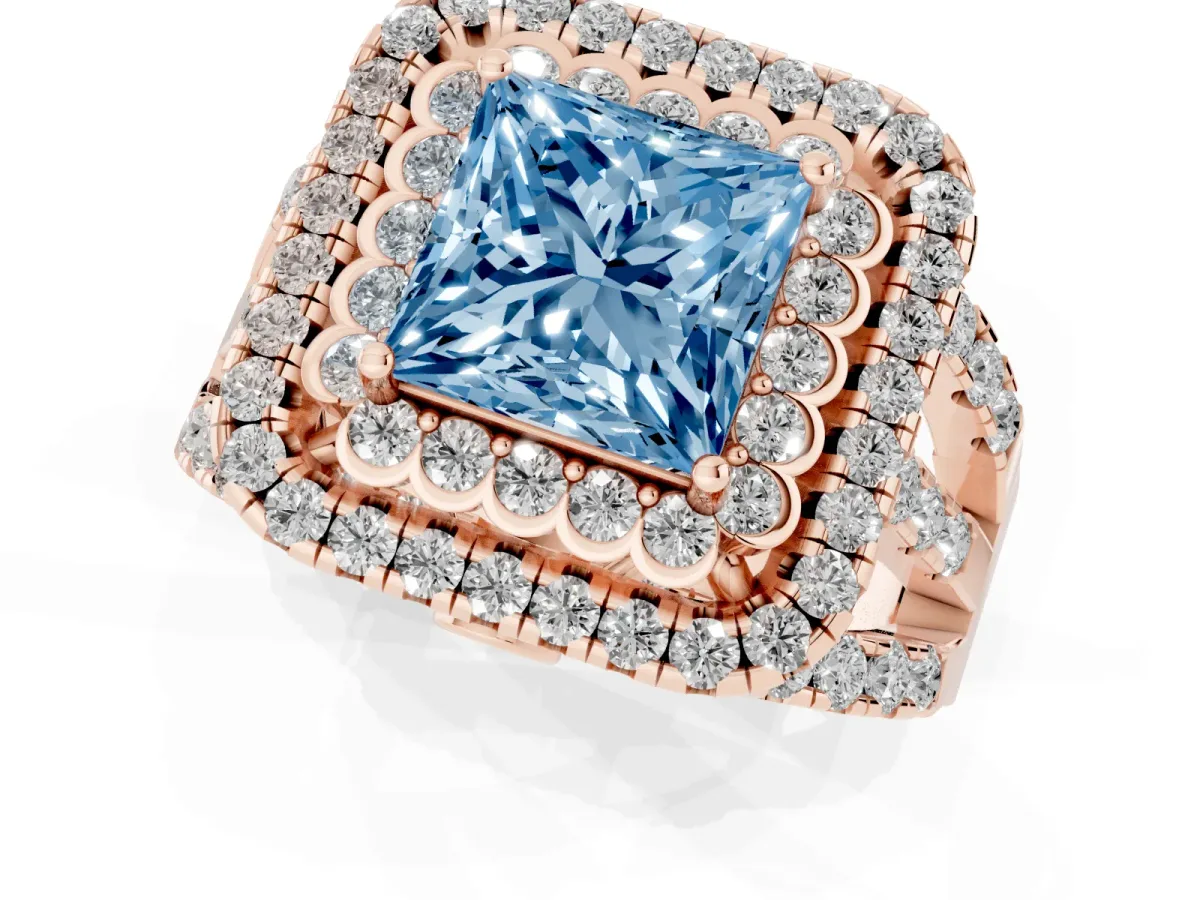 Fancy Blue Princess Cut Diamond Double Halo Ring with Round Pavé Split Shank and Prong Setting Rose gold