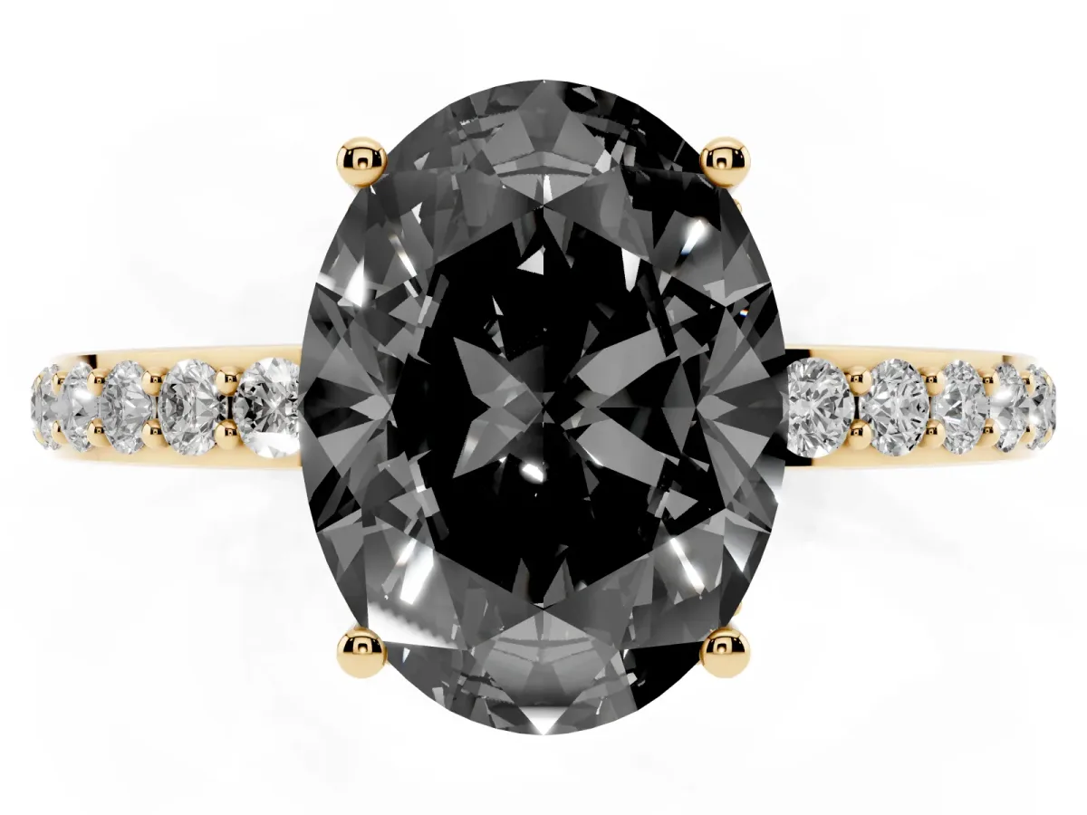 Fancy Black Oval Cut Diamond Solitaire Ring with Pavé Band and Hidden Halo Yellow gold