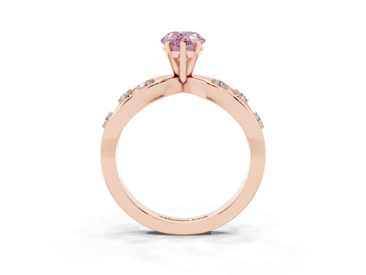 Fancy Pink Pear Cut Cut Solitaire Diamond with Side Stones on Criss-Cross Band and Four-Prong Setting Rose gold