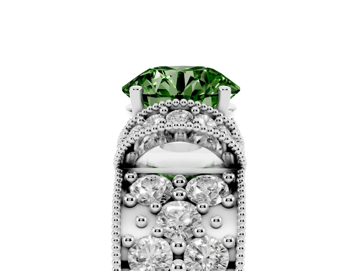 Fancy Green Round Cut Halo Pave Diamond Engagement Ring with Milgrain Detailing Silver