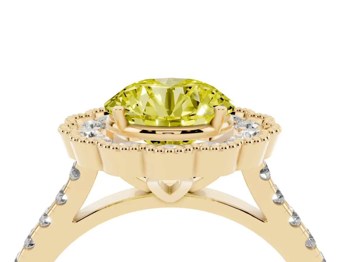 Fancy Yellow Round Cut Cut Diamond Milgrain Floral Halo Engagement Ring with Pavé Band Yellow gold