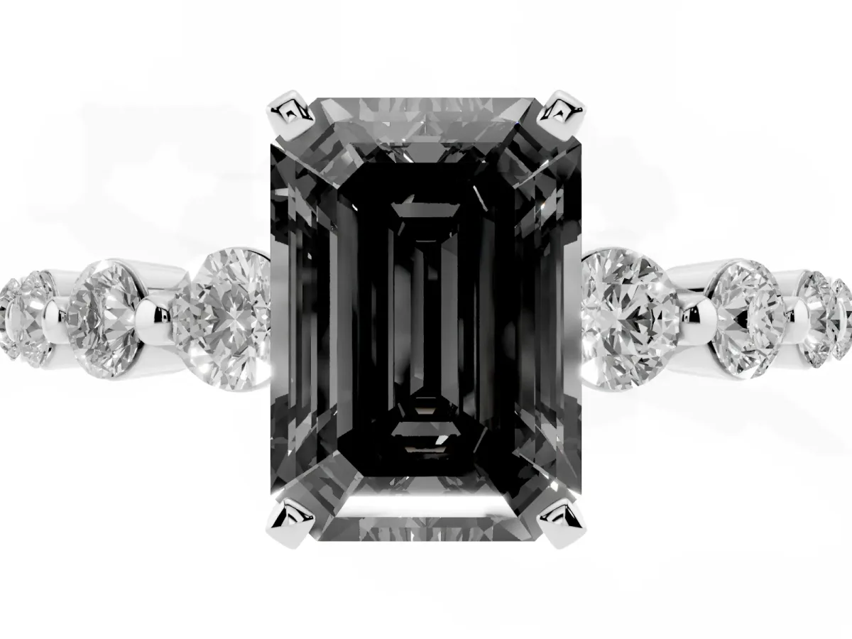 Fancy Black Emerald Cut Solitaire Diamond Ring with Pave Band and Four-Prong Setting Silver