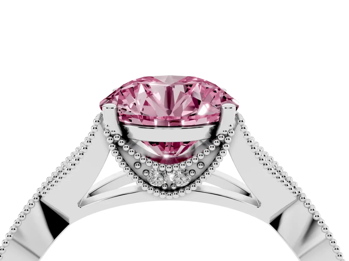 Fancy Pink Round Cut Cut Diamond Twisted Band with Milgrain Pave Setting and Four-Prong Setting Silver