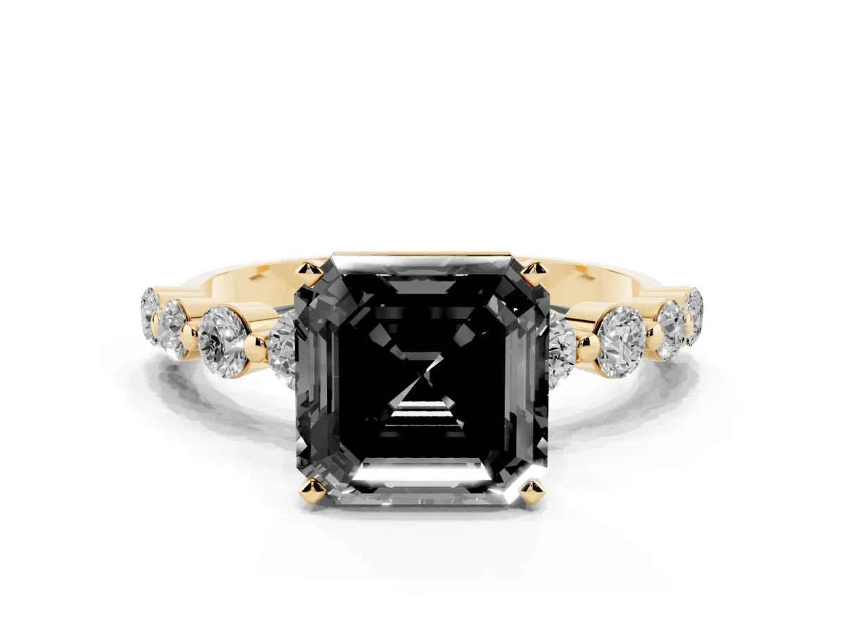 Fancy Black Asscher Cut Solitaire Diamond Ring with Pave Band and Four-Prong Setting Yellow gold