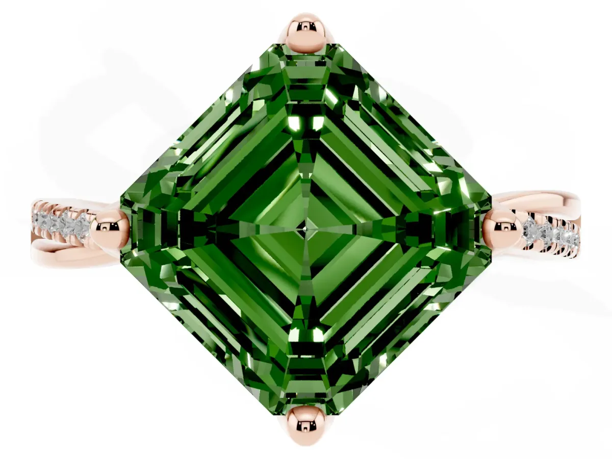 Fancy Green Asscher Cut Solitaire Twist Band with Pavé Diamonds and Four-Prong Setting Rose gold