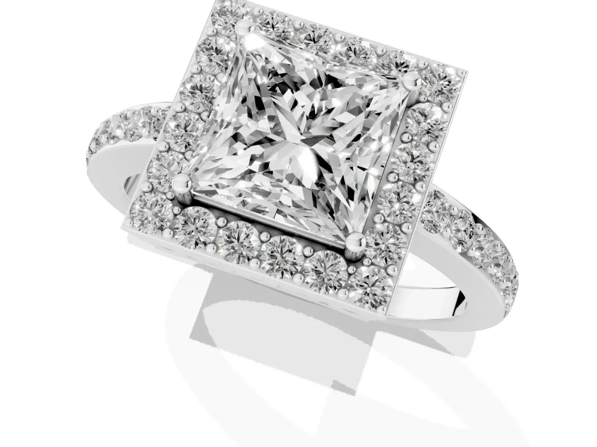 Princess Cut Halo Diamond Pavé Band Ring with Prong Setting Silver
