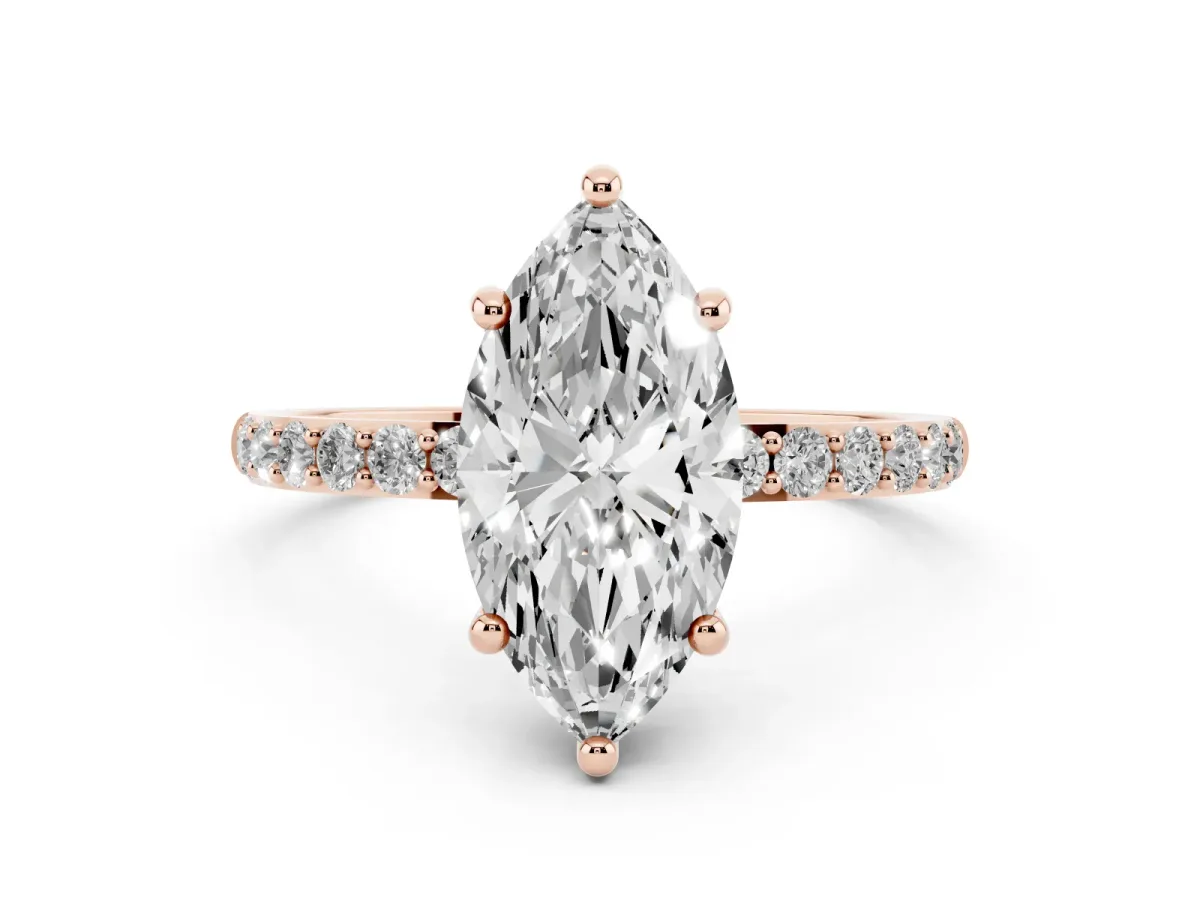 Marquise Cut Diamond Solitaire Ring with Round Pavé Band and Prong Setting Rose gold