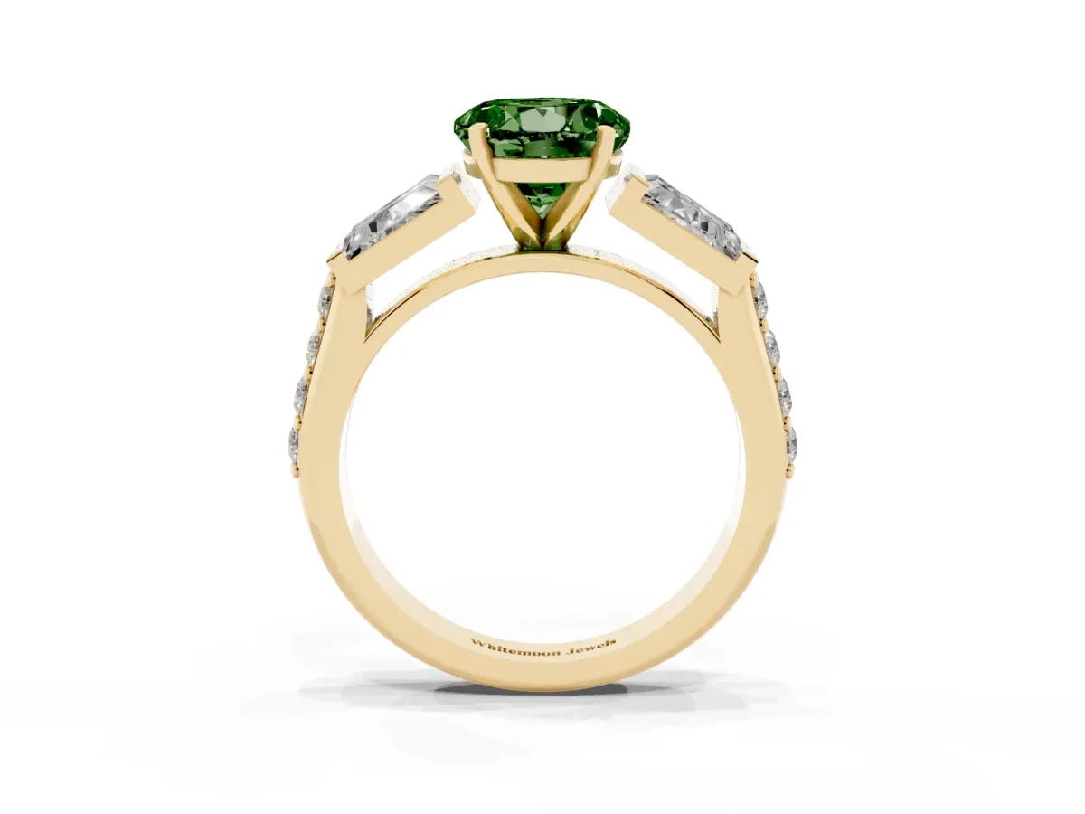 Fancy Green Round Cut Diamond Engagement Ring with Baguette Side Stones and Channel Set Band Yellow gold