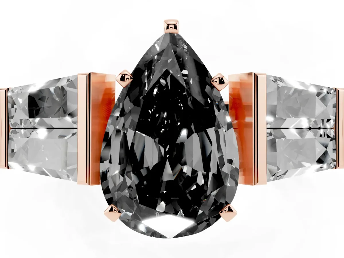 Fancy Black Pear Cut Diamond Engagement Ring with Baguette Side Stones and Channel Set Band Rose gold