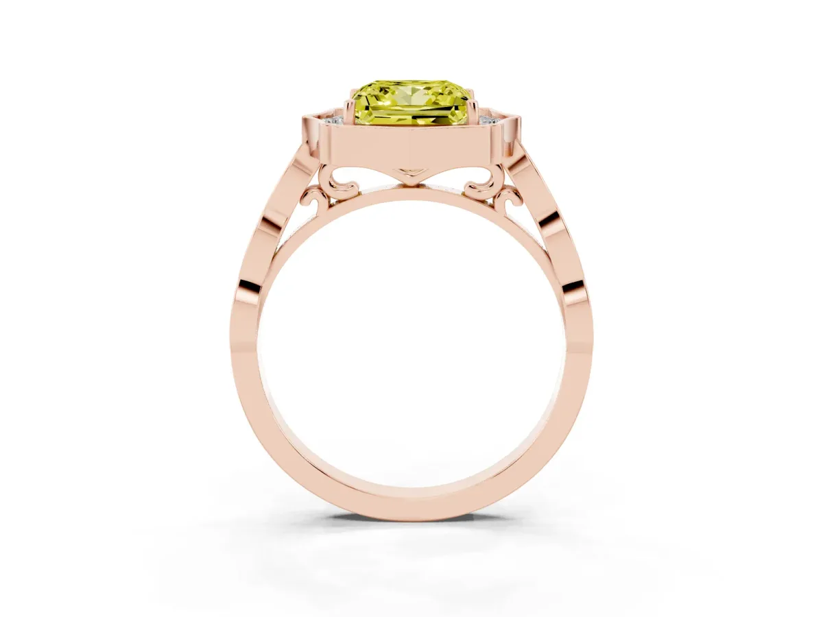 Fancy Yellow Princess Cut Halo Diamond Engagement Ring with Milgrain Band and Four-Prong Setting Rose gold
