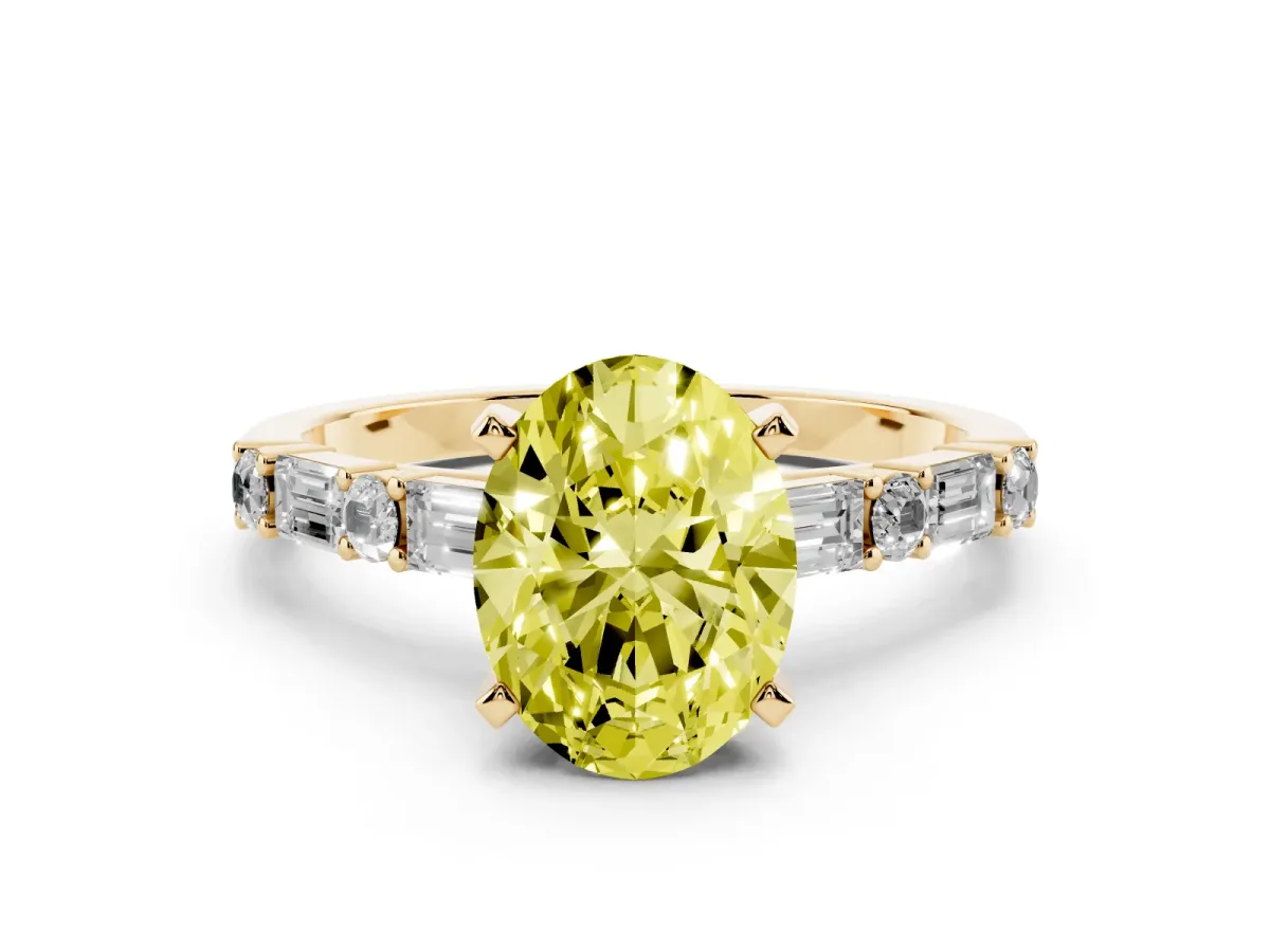 Fancy Yellow Oval Cut Diamond Solitaire with Side Baguettes and Channel Set Band Yellow gold