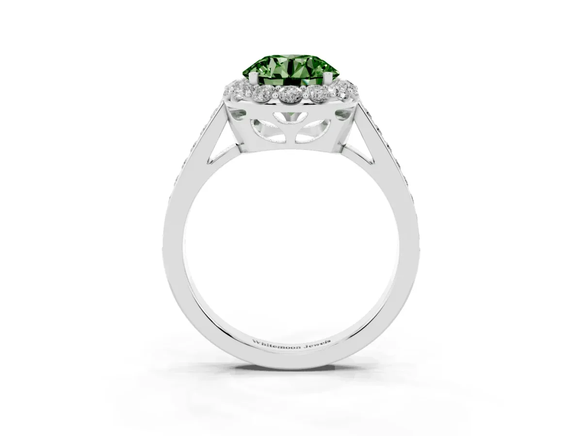 Fancy Green Round Cut Diamond Floral Halo Ring with Pavé Band and Prong Setting Silver