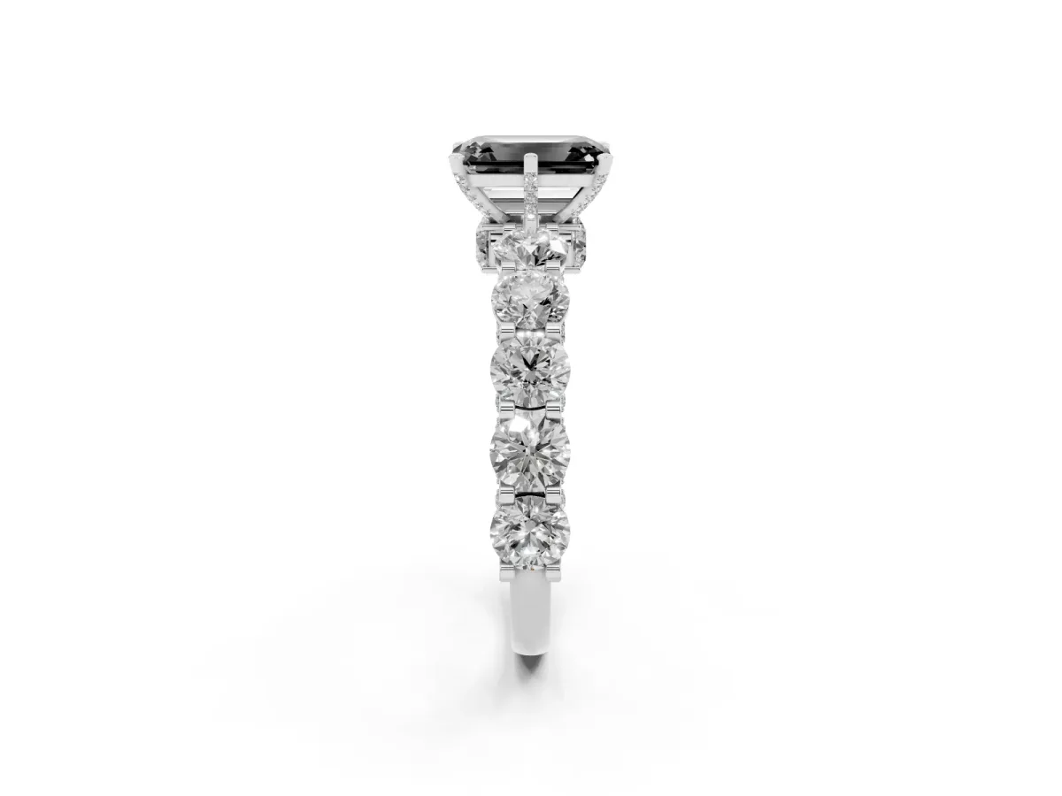 Fancy Black Emerald Cut Diamond Side Stone Engagement Ring with Four-Prong Setting Platinum